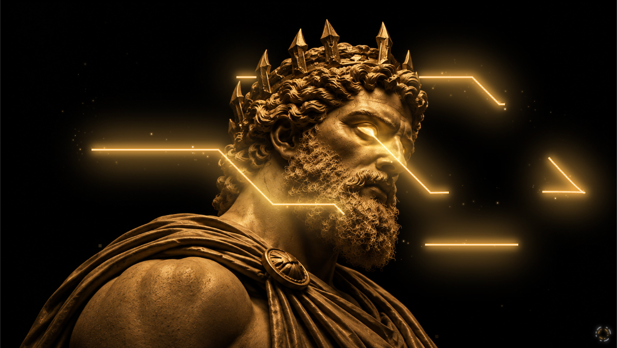 Construction: a golden crowned classical figure framed by angular light