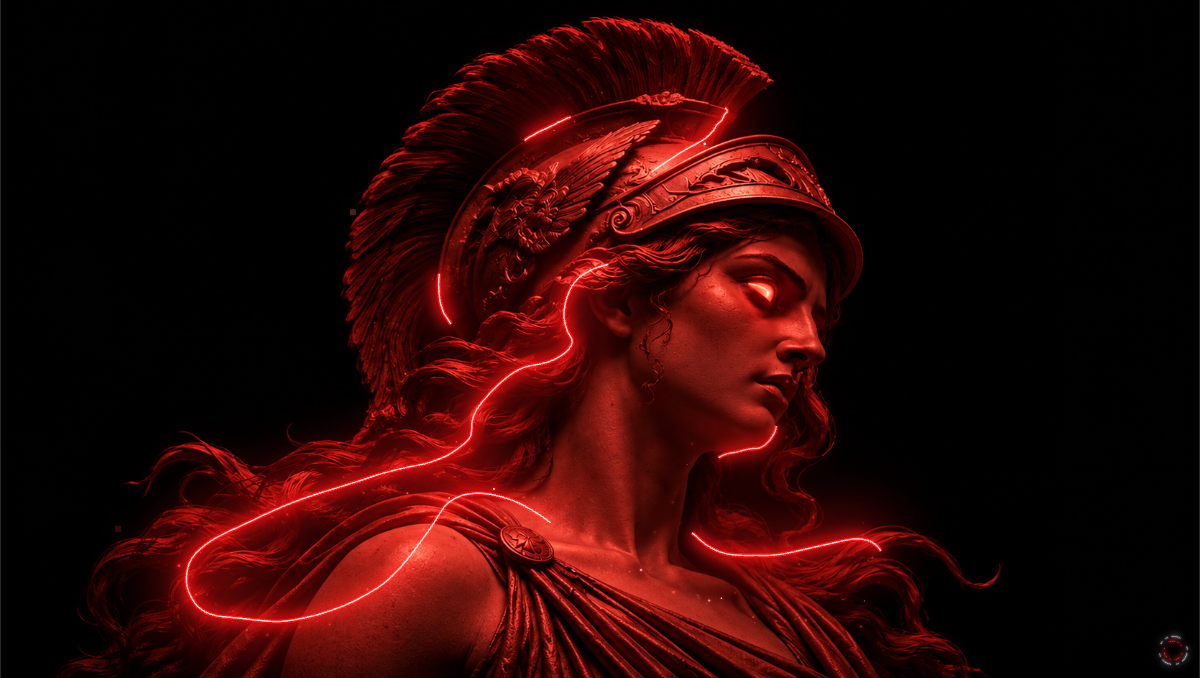 Impulse: a crimson classical figure with radiant red light