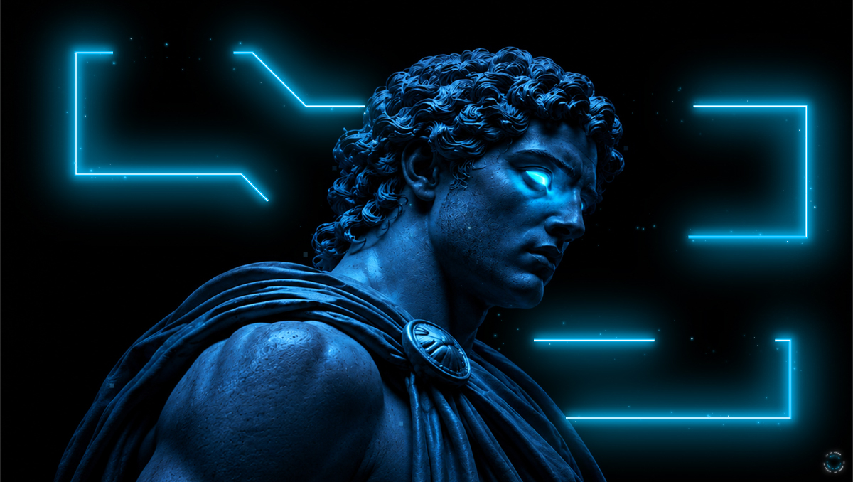 Recognition: a blue classical figure surrounded by electric geometric light
