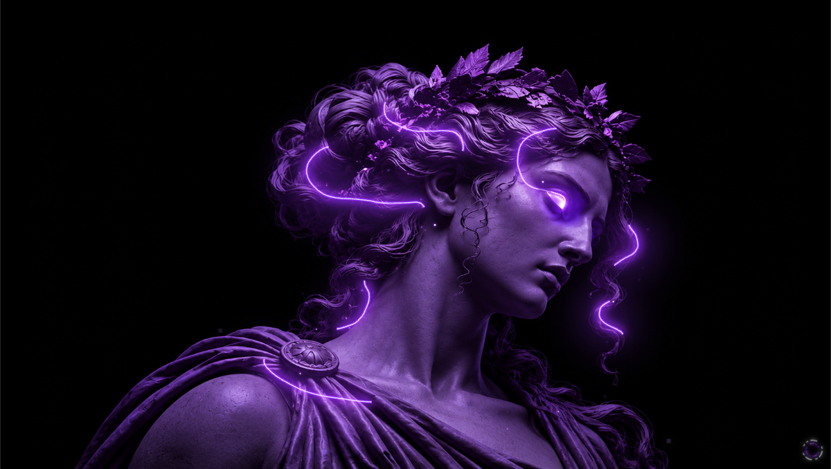 Reflection: a violet-lit classical figure with luminous gestural marks
